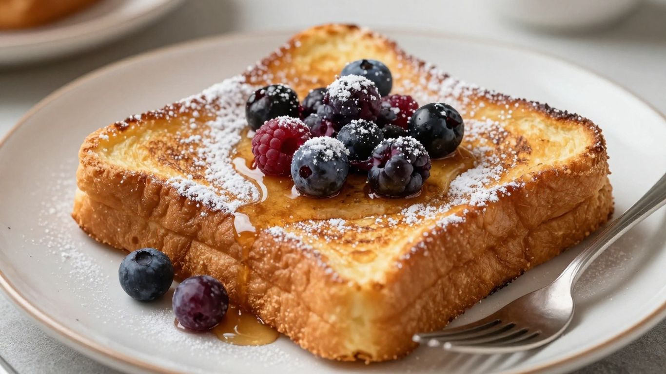 Single serving of French toast with berries and syrup.