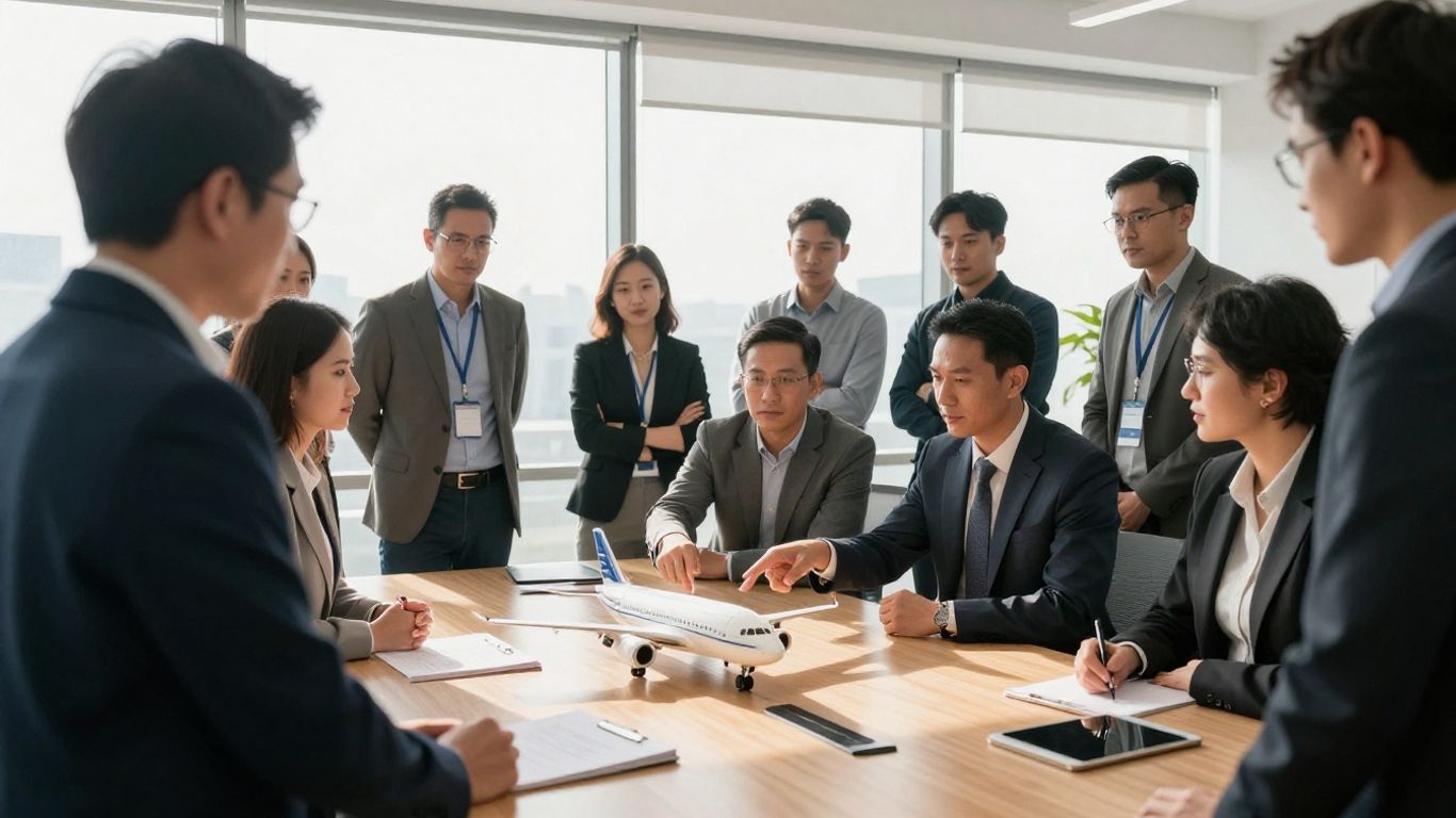 Professionals examining a small model airplane in an office.