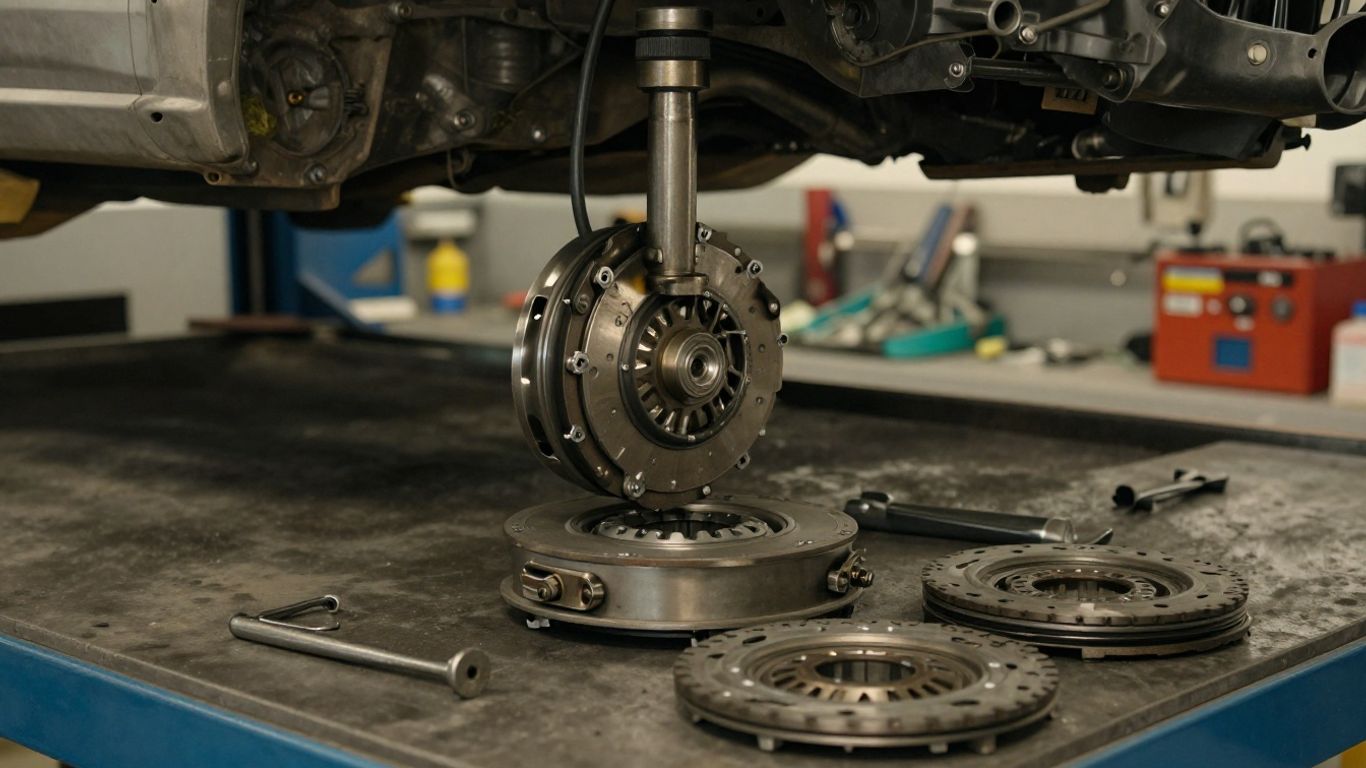 Clutch assembly beside raised vehicle
