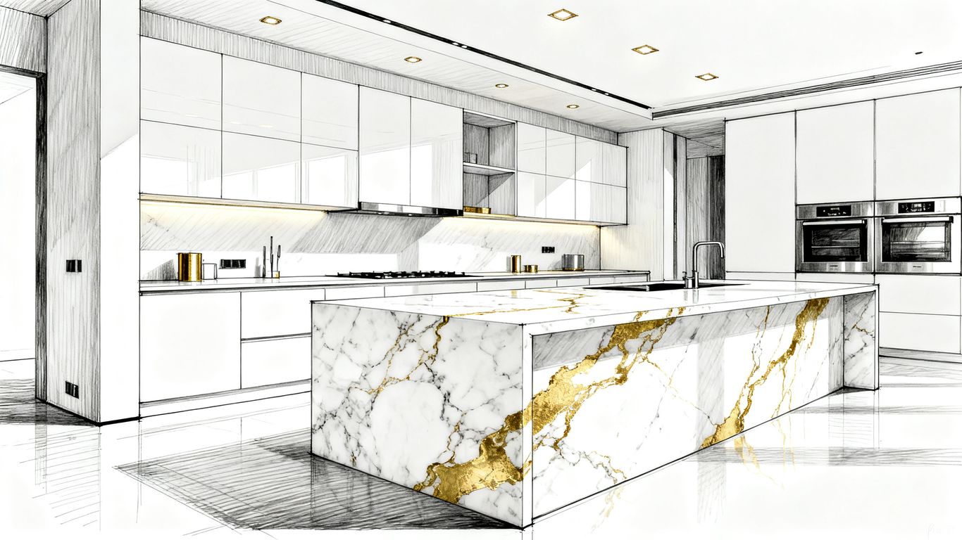 A luxurious kitchen with gold and white marble
