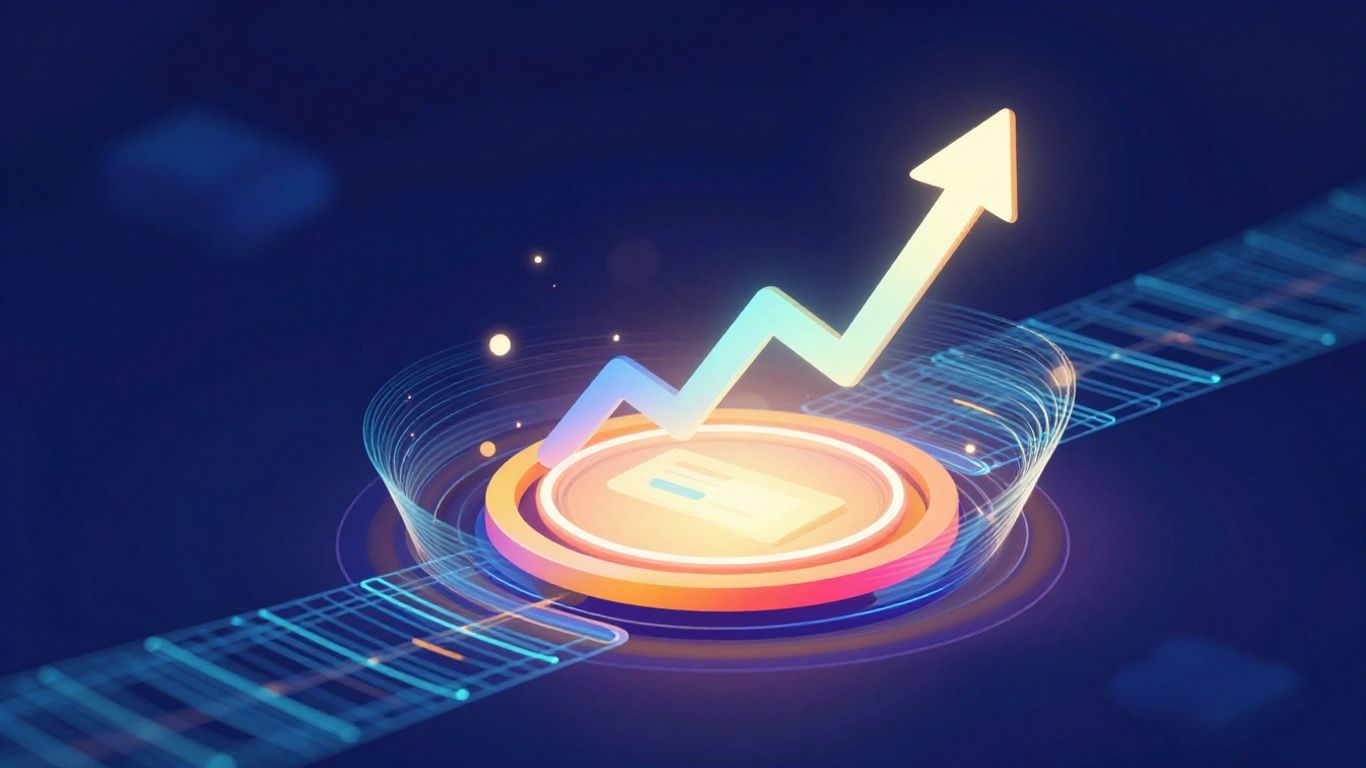 Digital landscape with glowing paths leading to website icon.