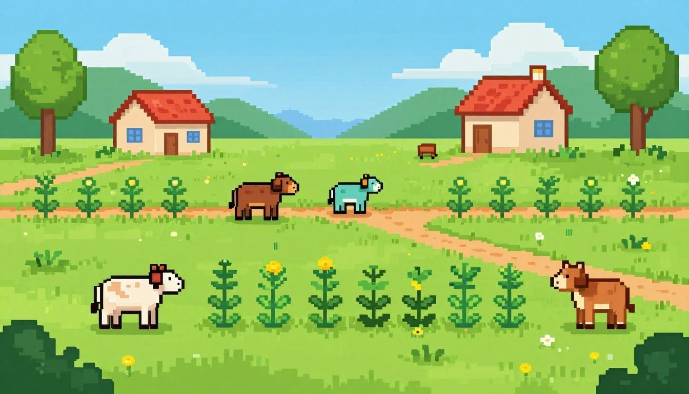 Vista panorâmica de uma fazenda próspera no estilo pixel art com plantações coloridas e animais felizes