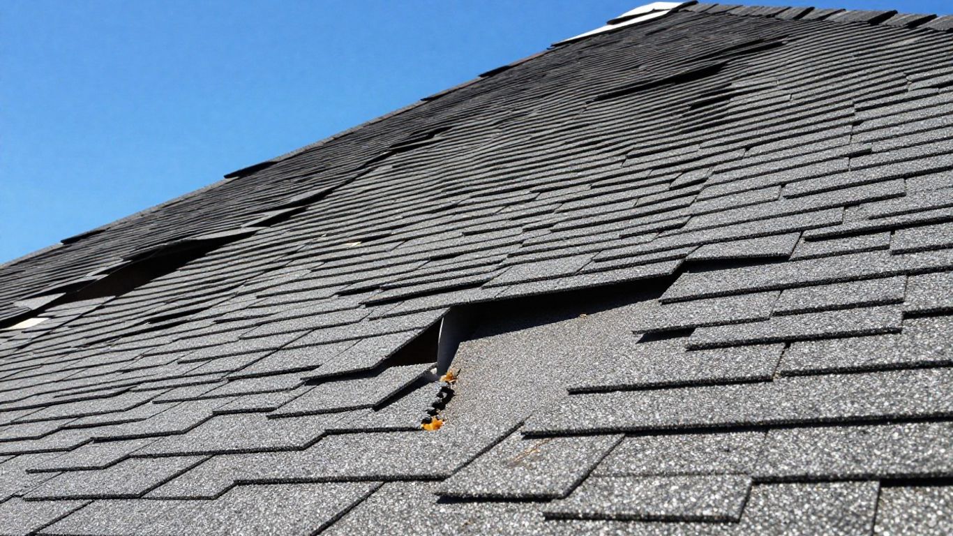 Damaged roof with uplifted shingles under sunlight.