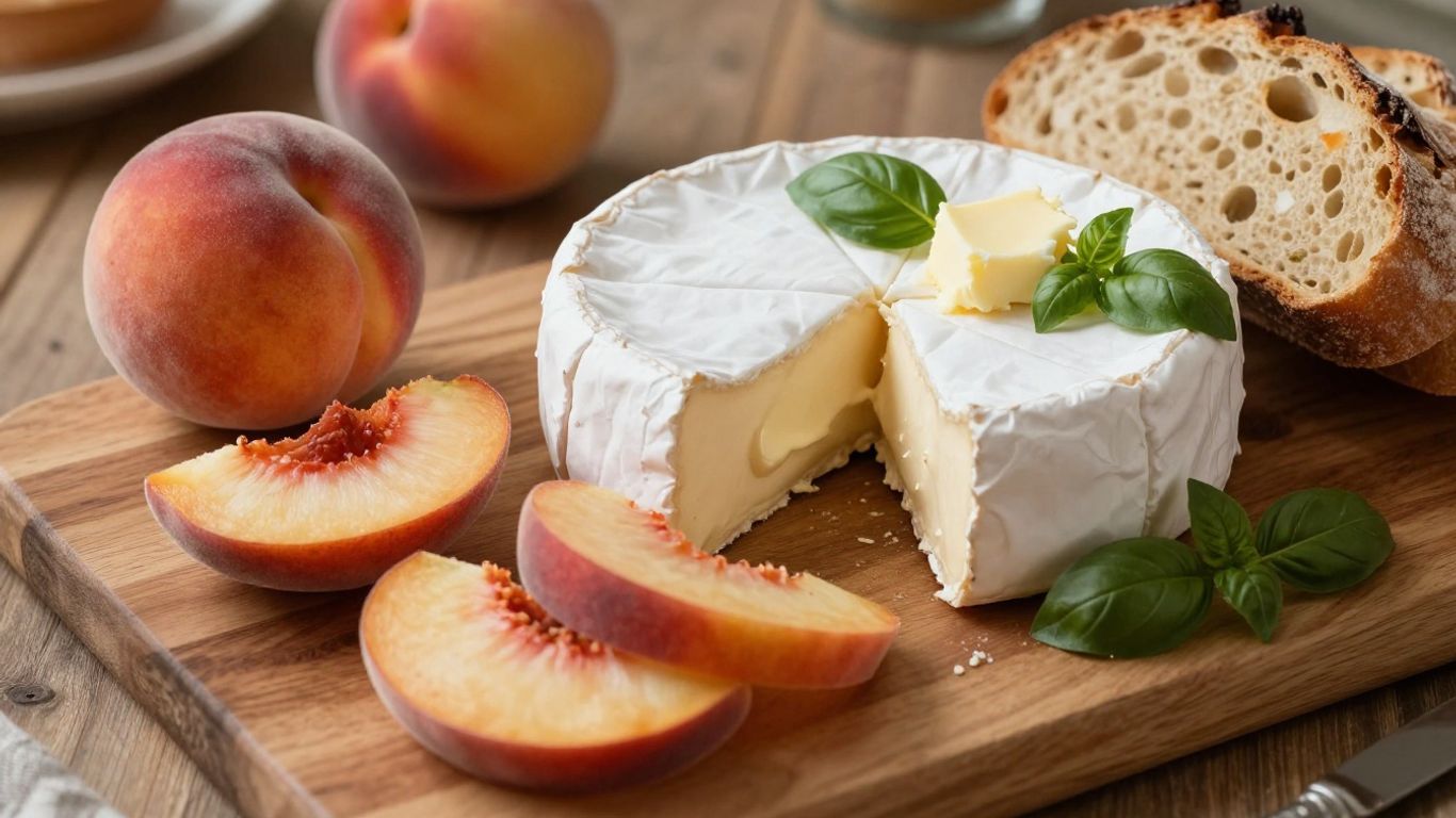 Fresh peach slices beside Brie and bread