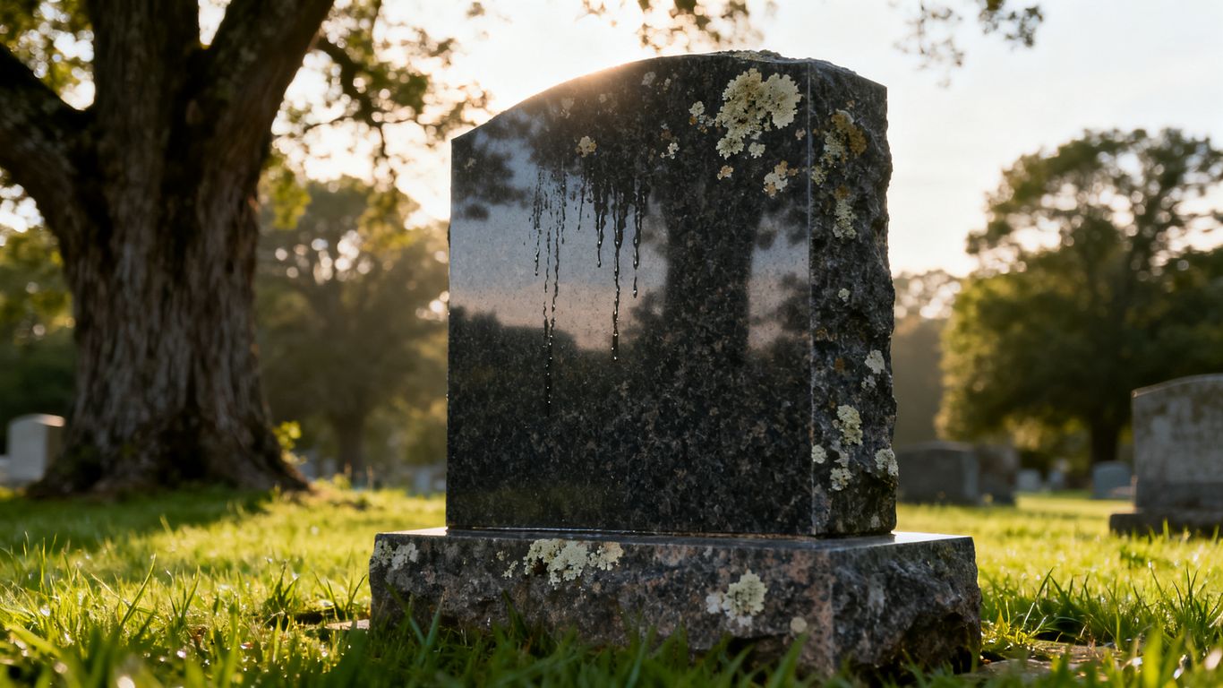Weathered granite headstone in soft daylight
