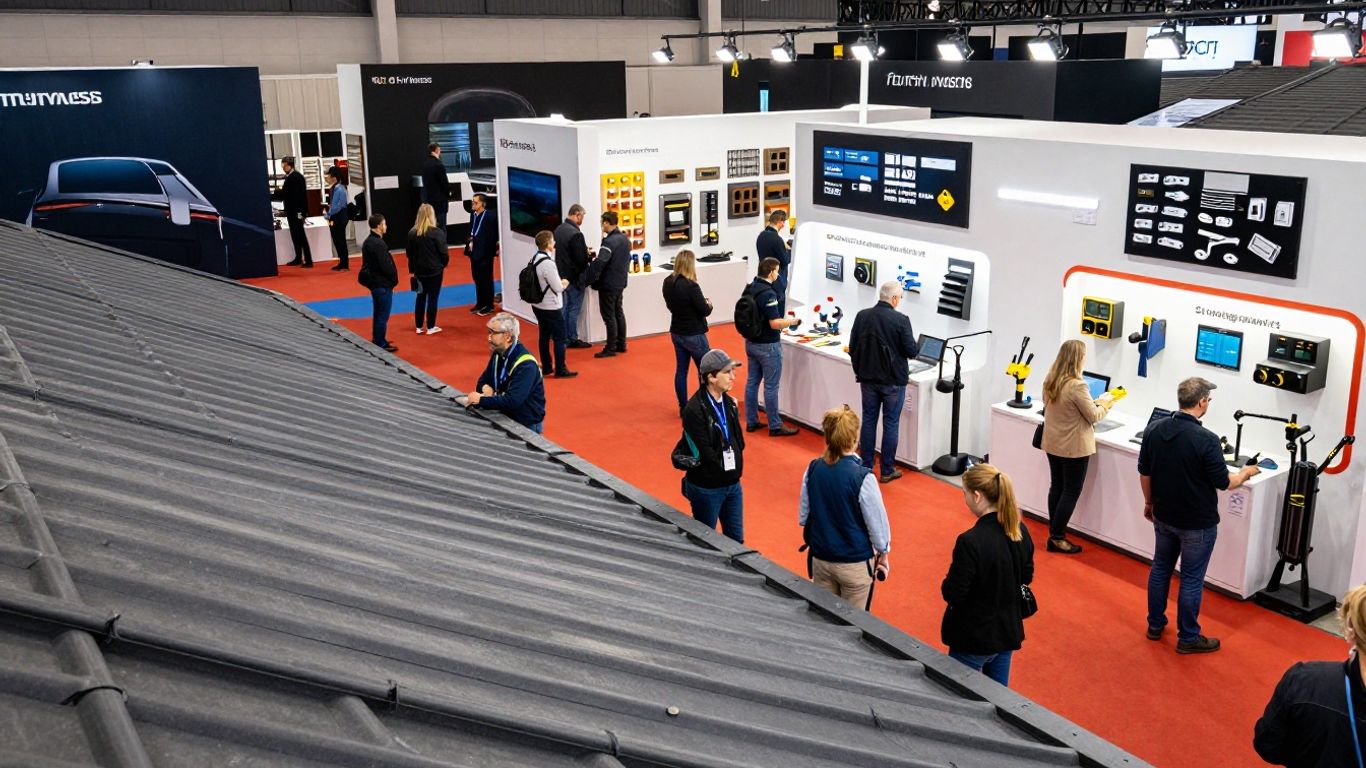 Roofing expo with modern materials and technology displays.