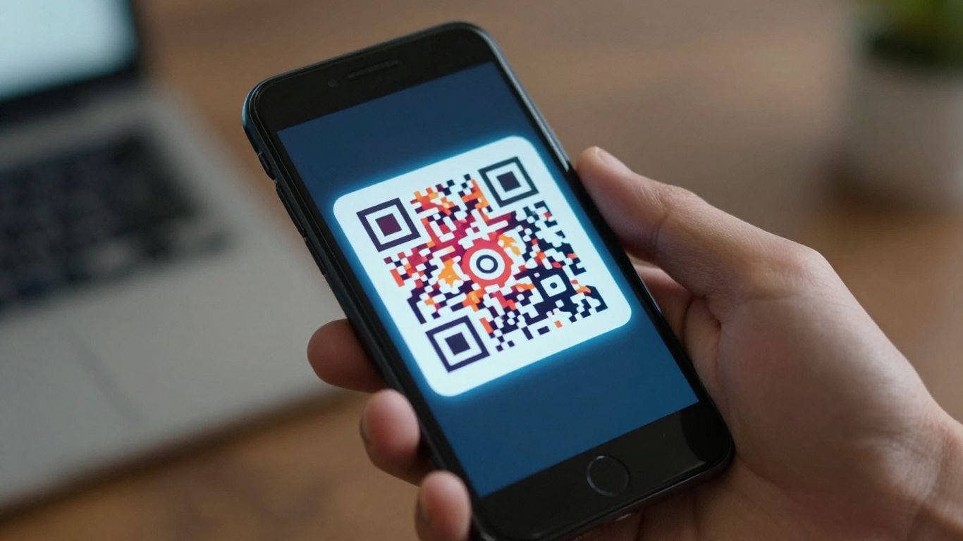 Android phone scanning a colourful QR code.