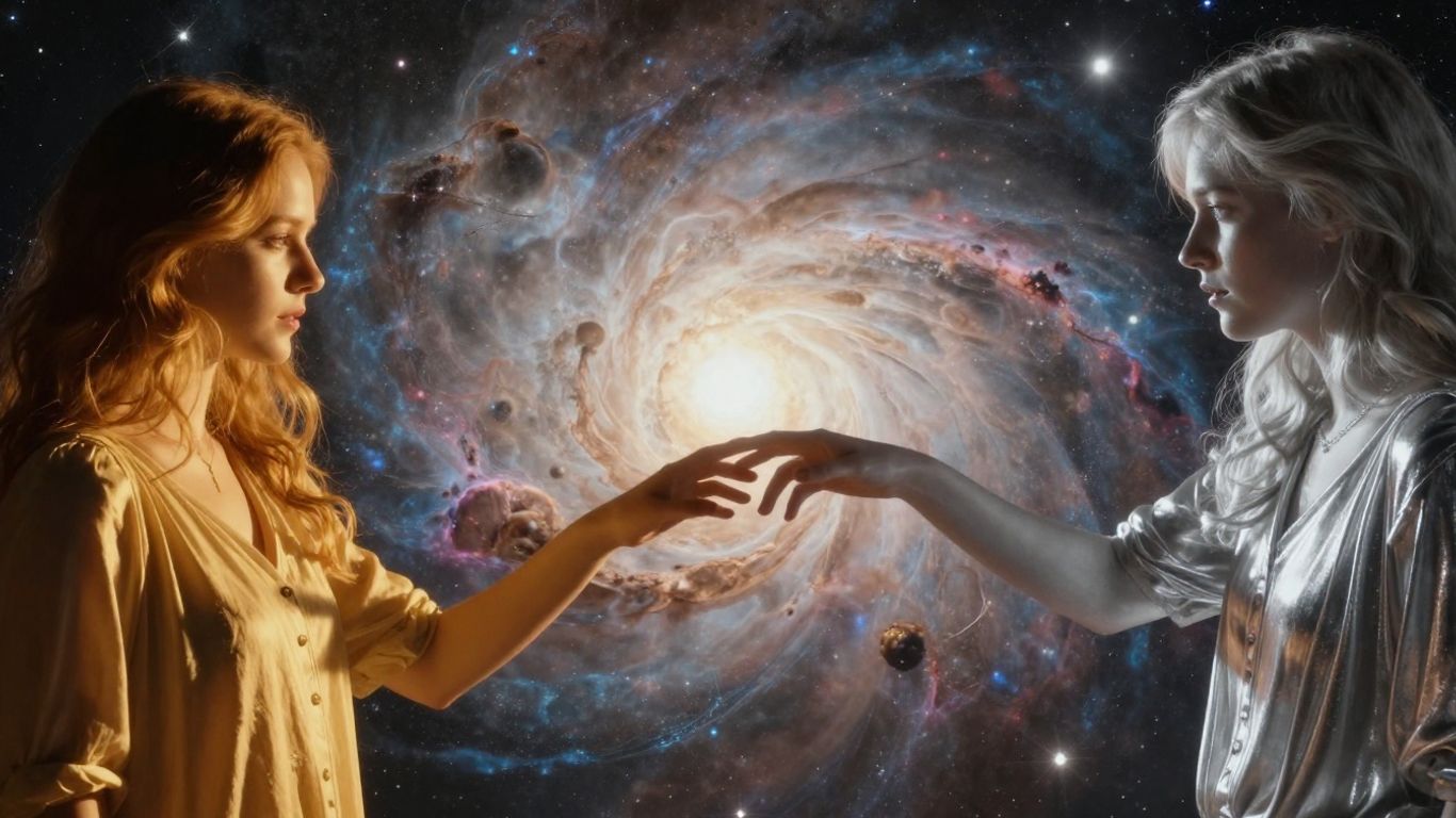 Two figures reaching for each other in cosmic light.