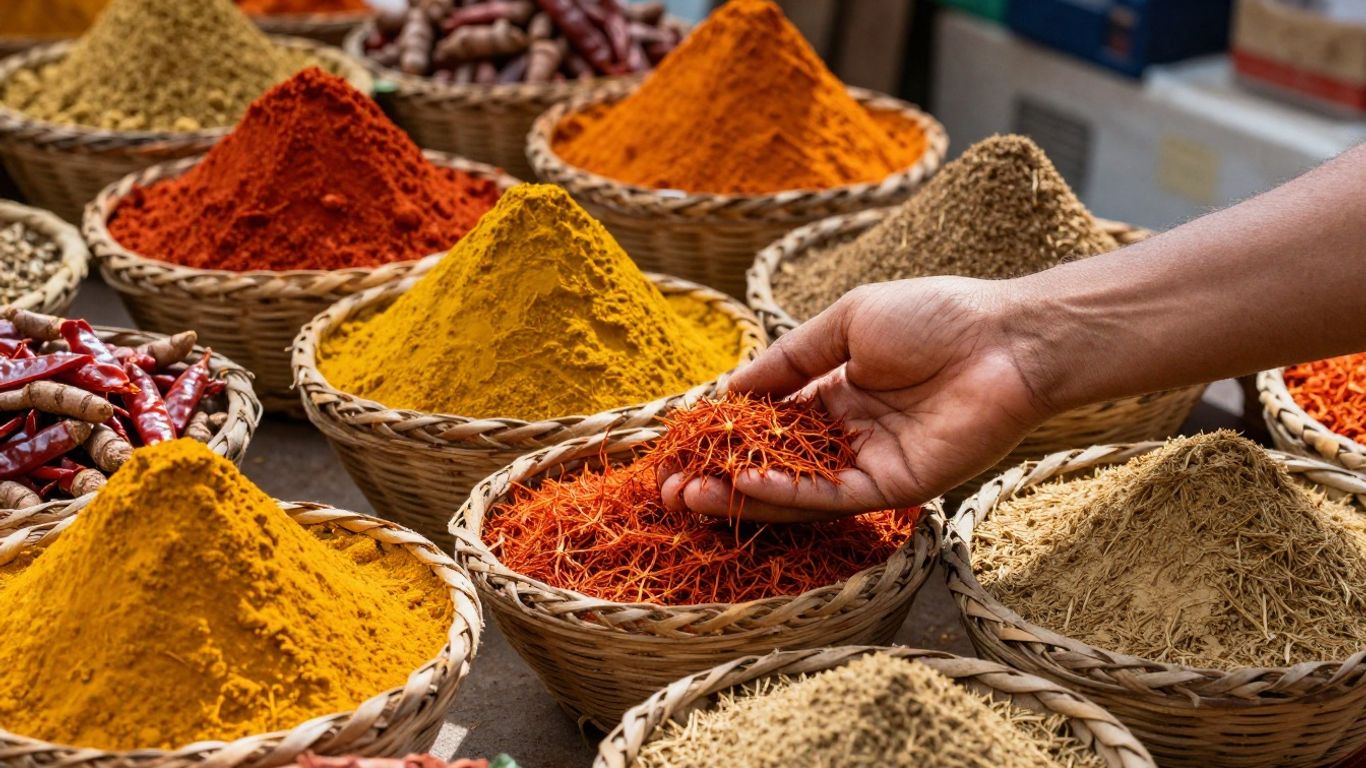 Indian spices in baskets with sunlight