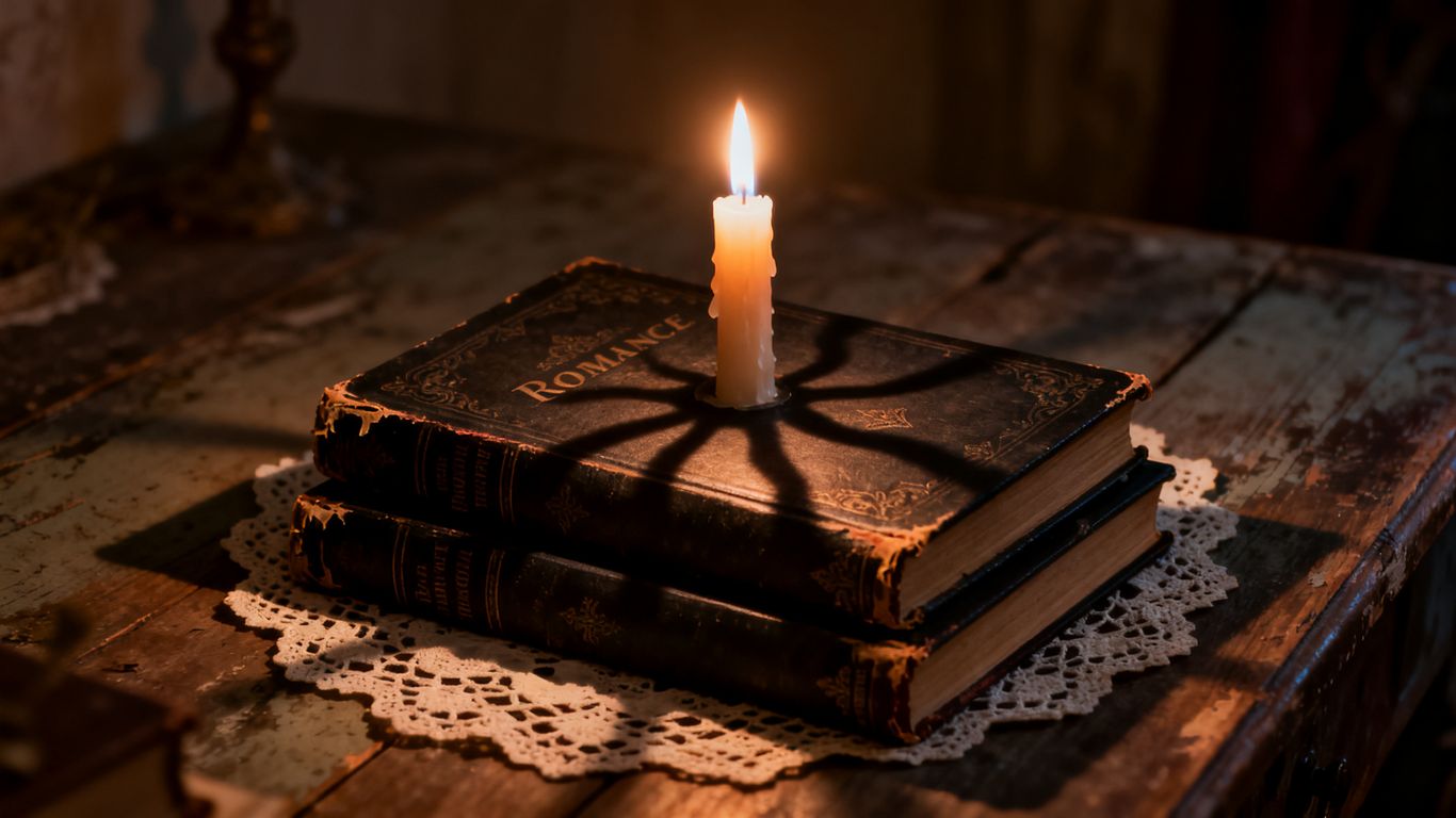 Dark romance books with a flickering candle.