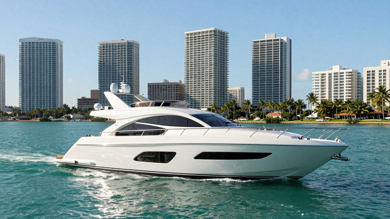 Luxury yacht sailing in Miami with skyline.