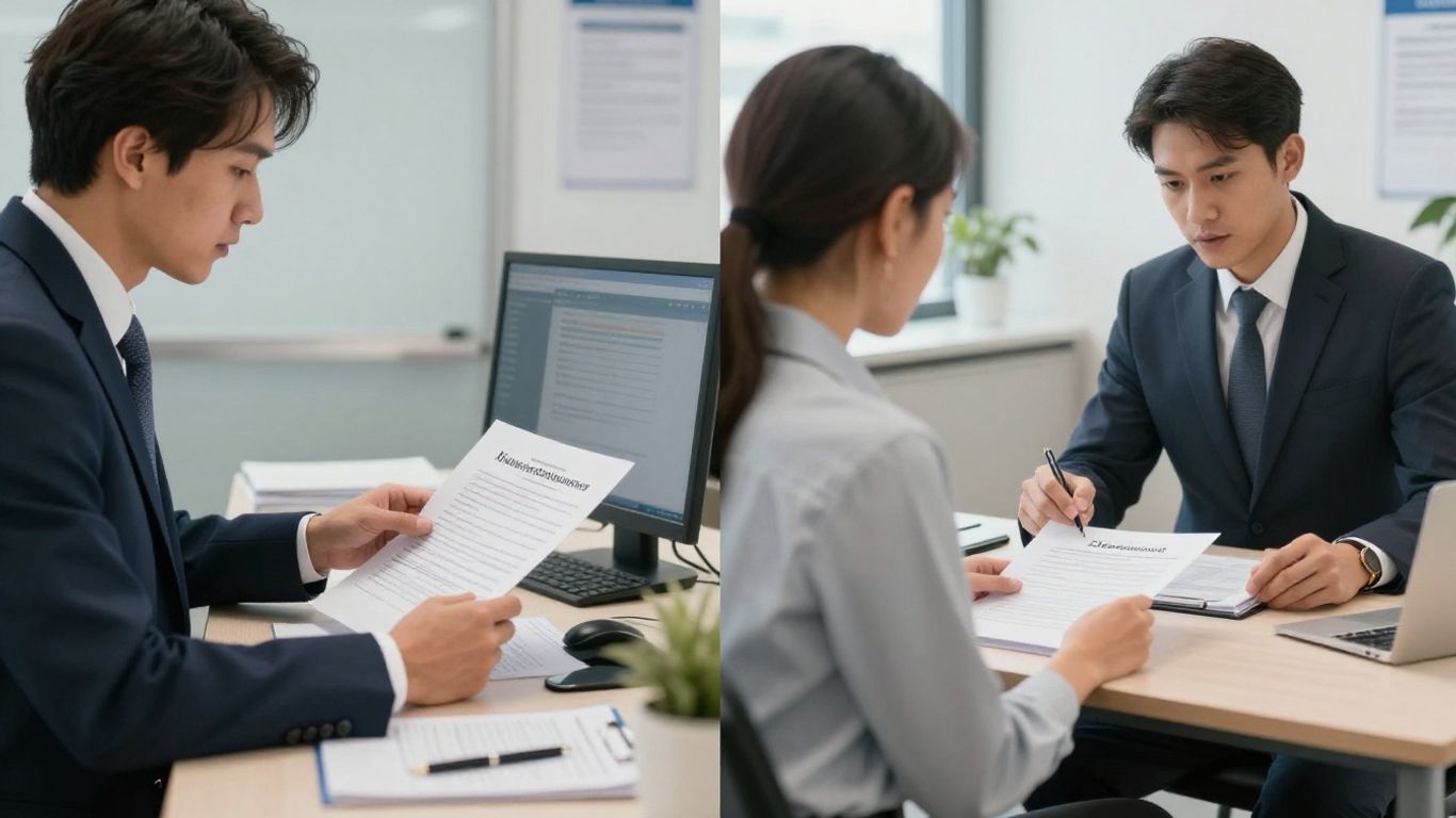Insurance agent and broker discussing policies and clients.