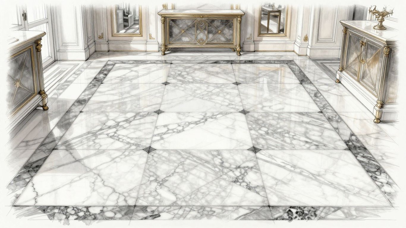 Patterned marble floor sketch in a luxury room.