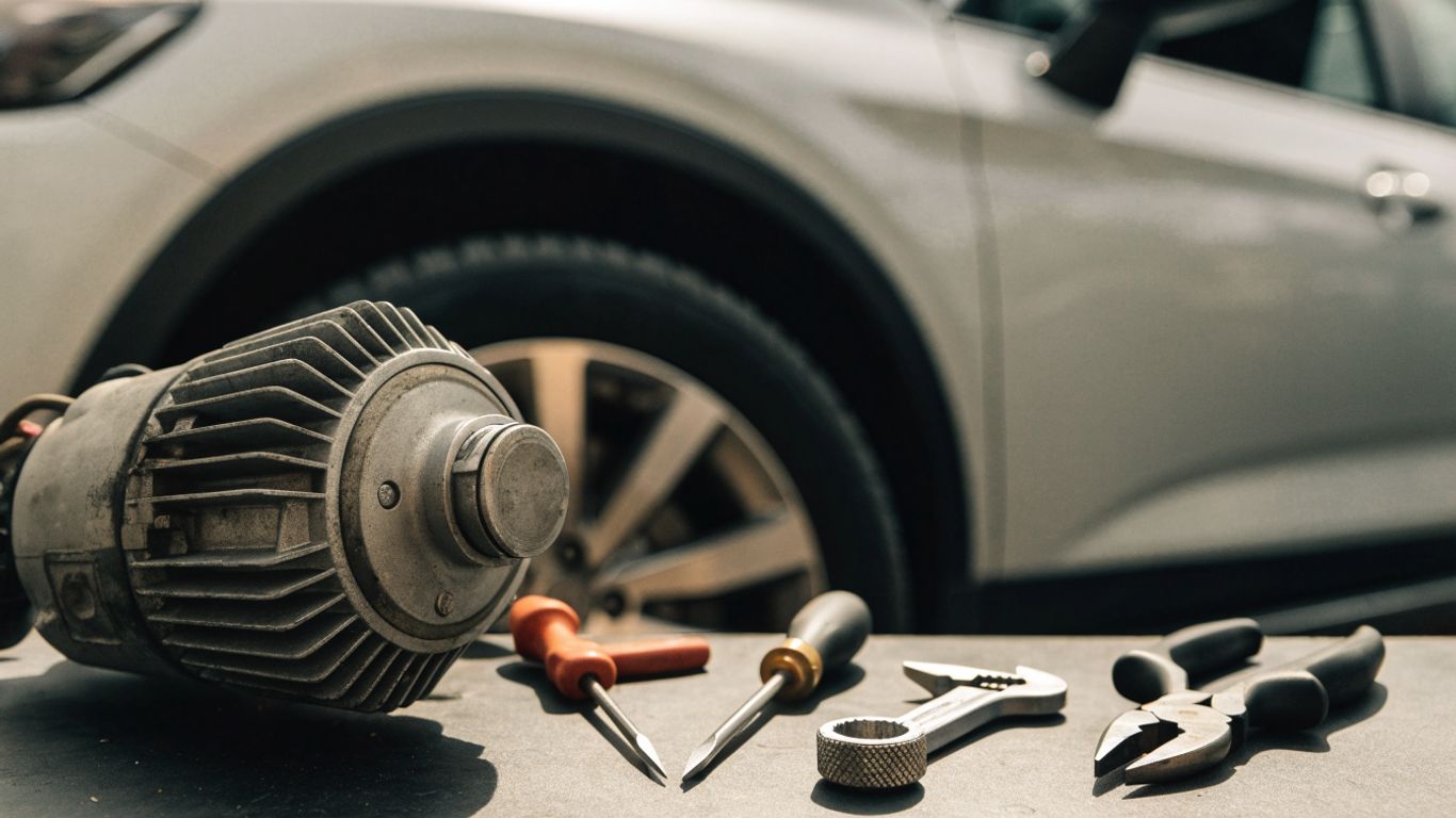 Starter motor and tools beside an SUV