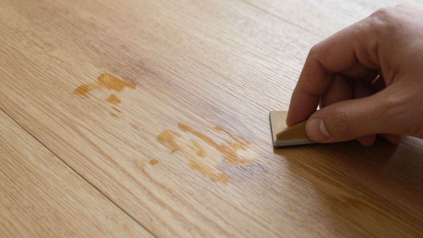 Sanding water-damaged wood floor for repair.