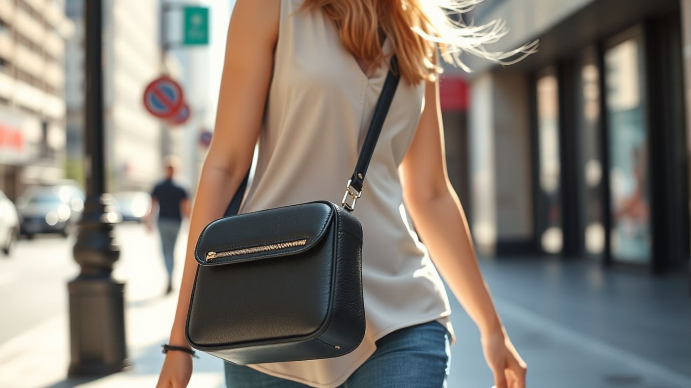 Woman wearing a stylish crossbody bag on a city street.