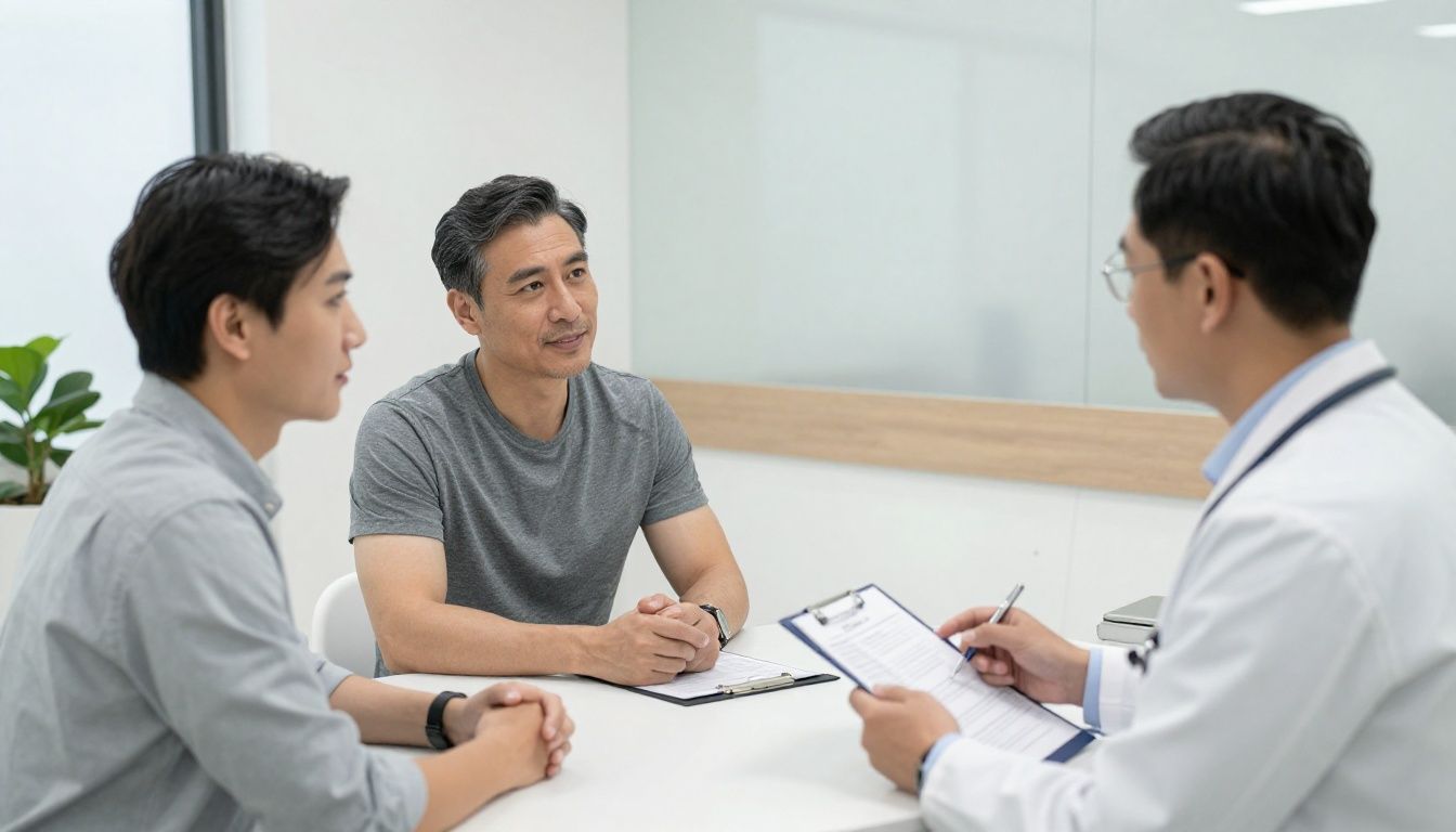 Confident men in their 40s at a modern men’s health clinic, discussing lab results with a healthcare provider