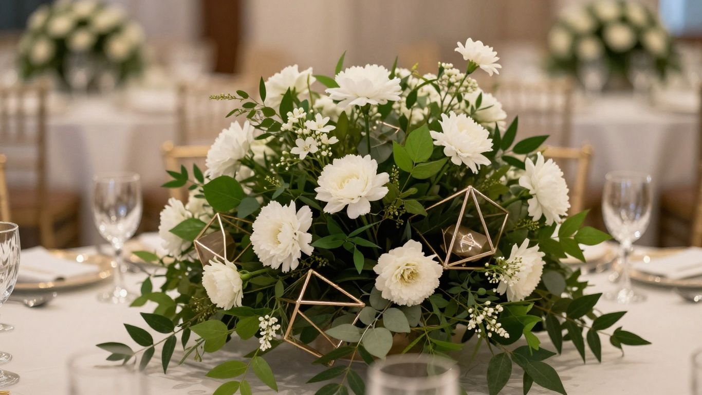 Unique wedding centrepiece with greenery and metallic accents.
