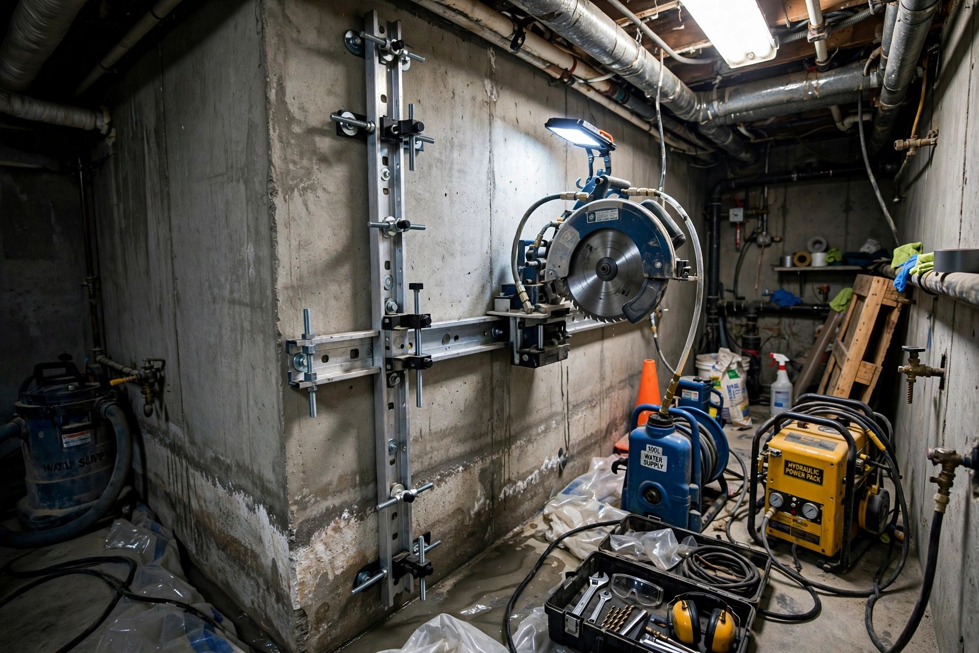 Wall saw track securely fixed to a concrete wall in a tight basement, with limited working space and equipment arranged for controlled cutting