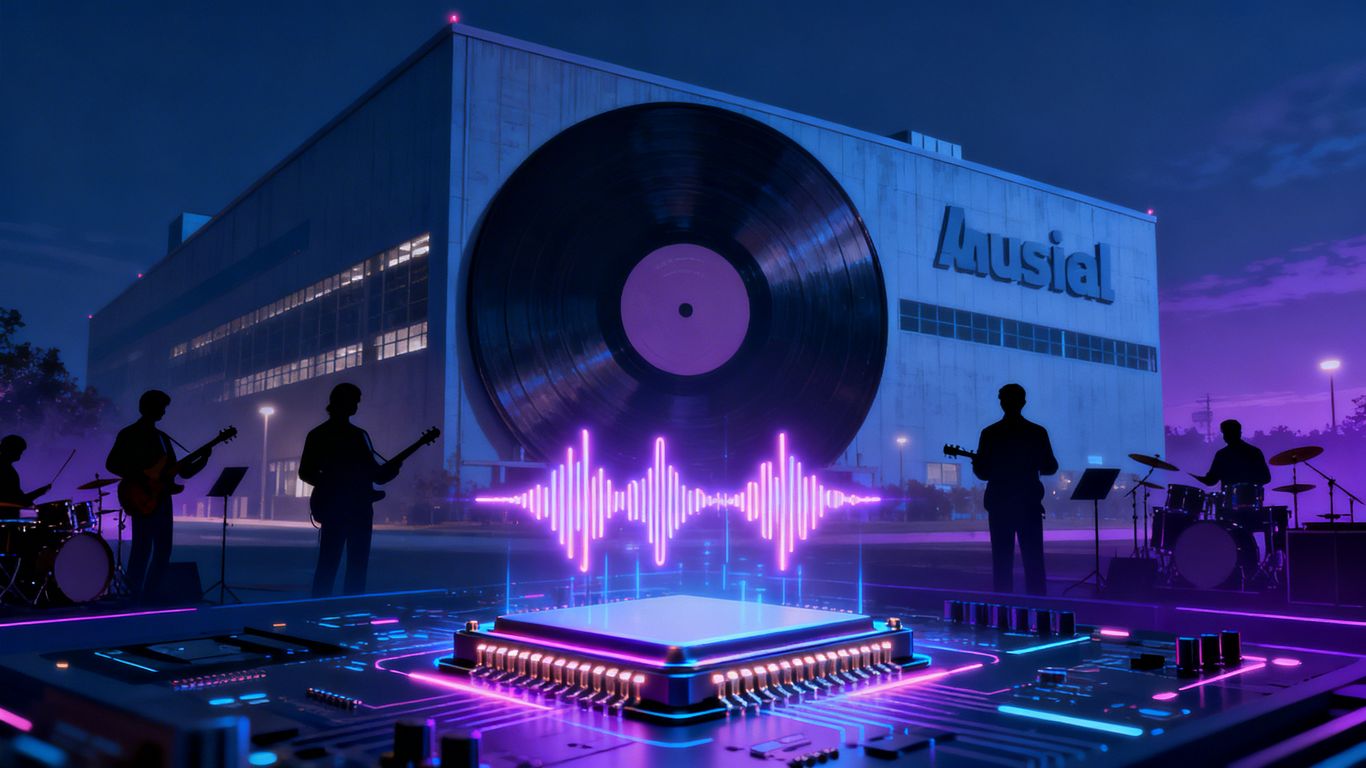 AI music interface with sound waves and record label building.