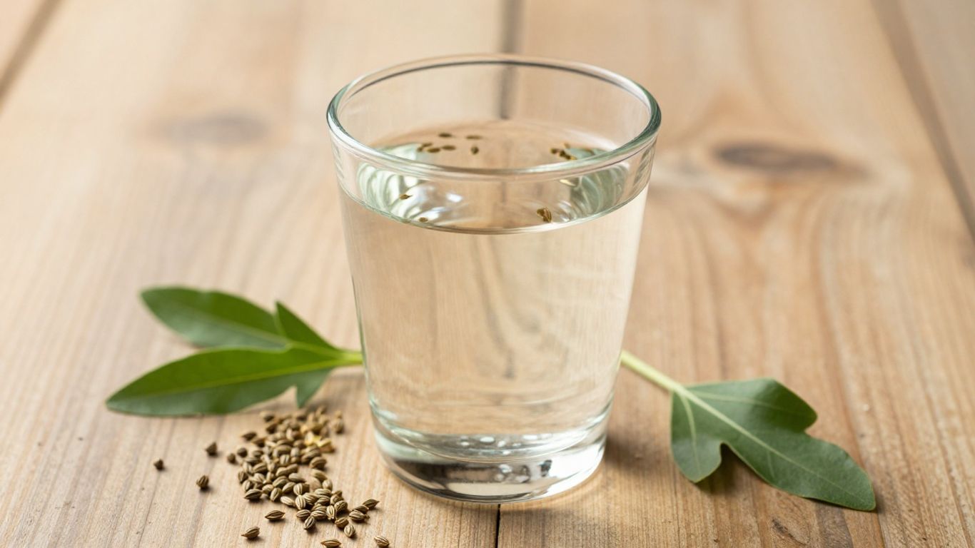 Glass of ajwain water with seeds and leaves.