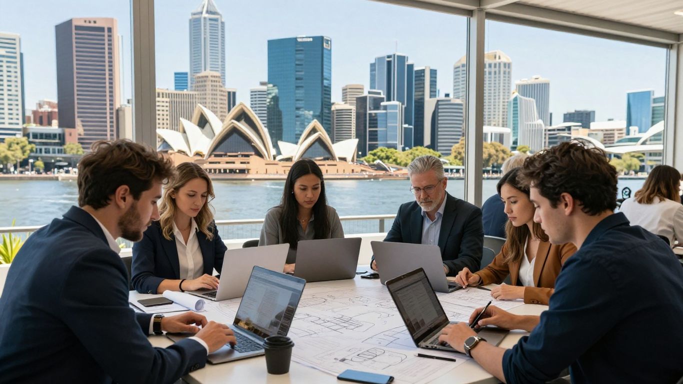 Australian business landscape with people collaborating.