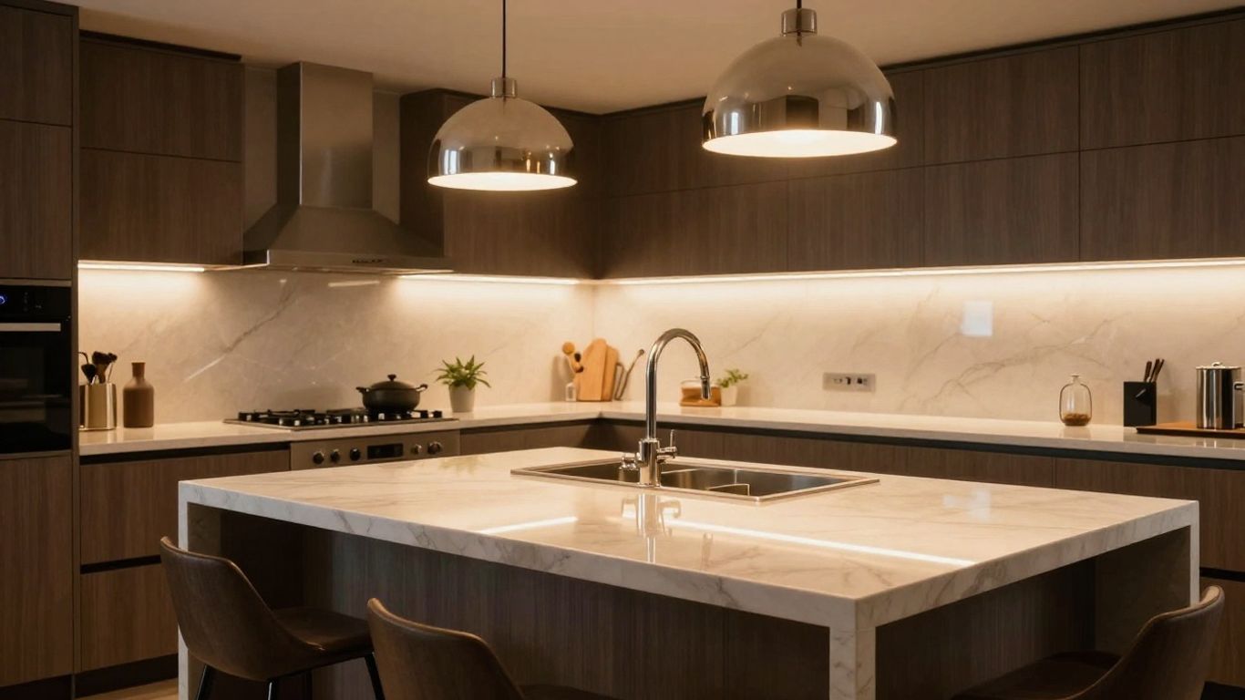 Elegant pendant lights illuminating a luxury kitchen island.