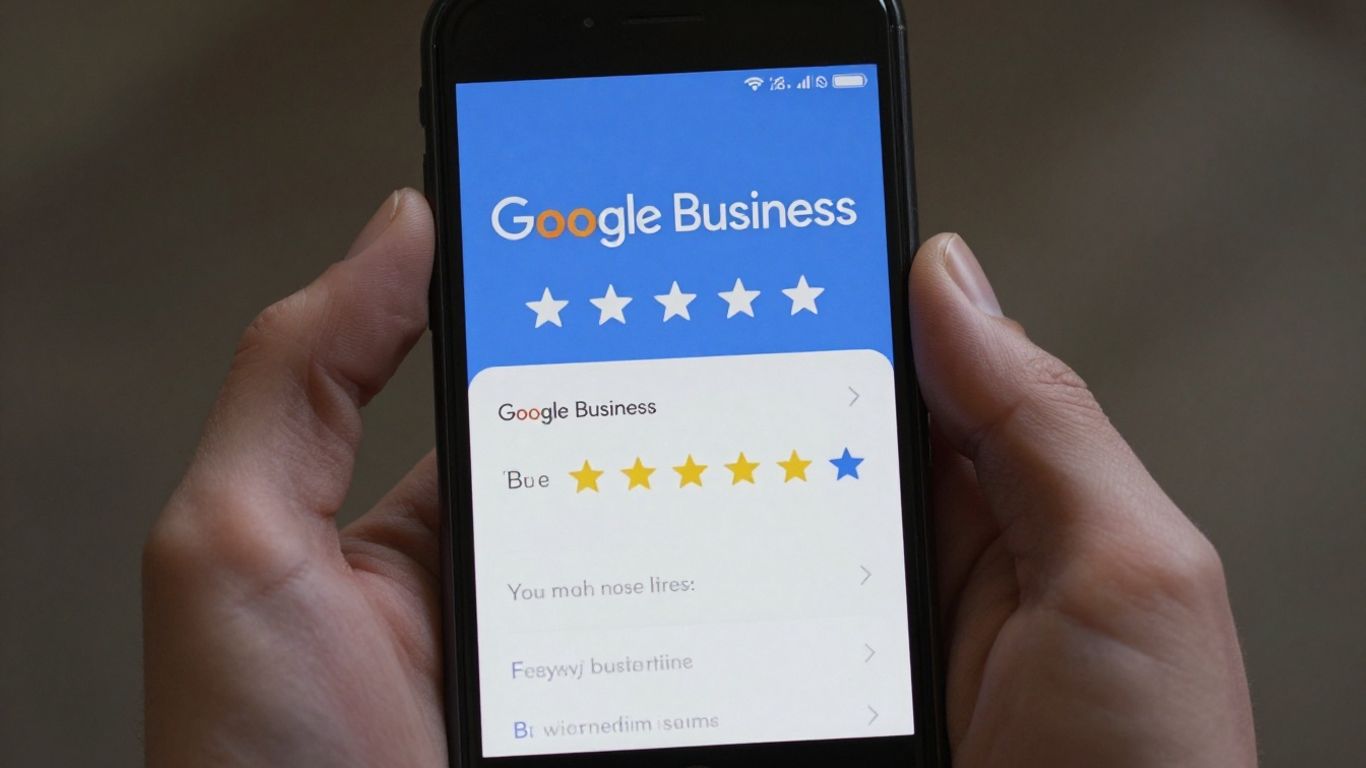 Smartphone displaying Google Business profile with star ratings.