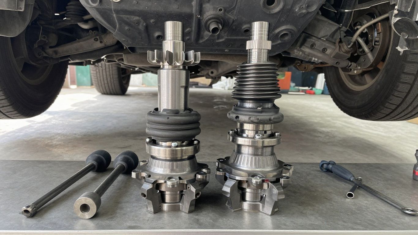 Mechanic comparing axle parts beside vehicle
