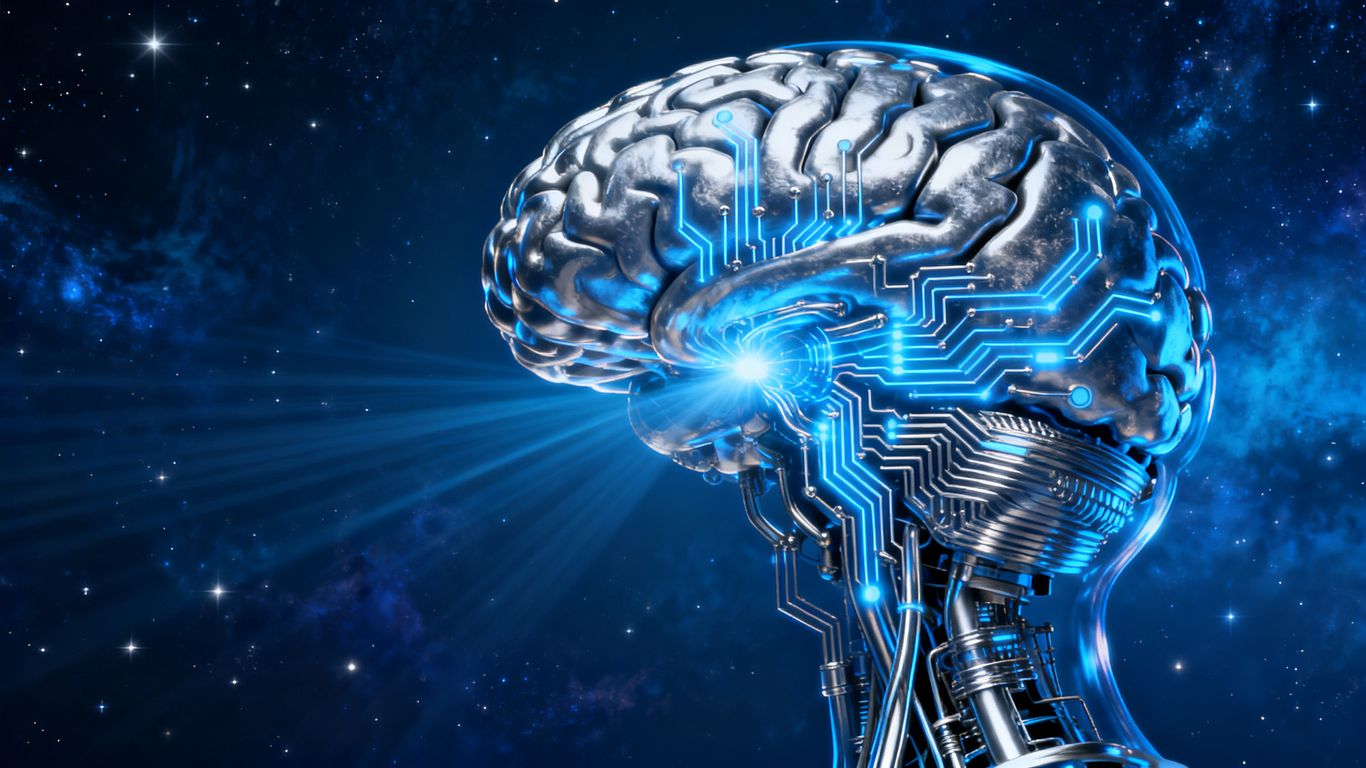 Human brain merging with digital circuits, suggesting AI consciousness.
