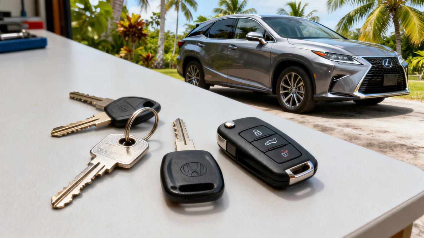 Modern car key fob beside a Honolulu vehicle