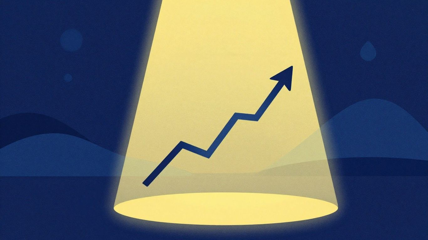 Upward trend graphic with abstract shapes and spotlight.