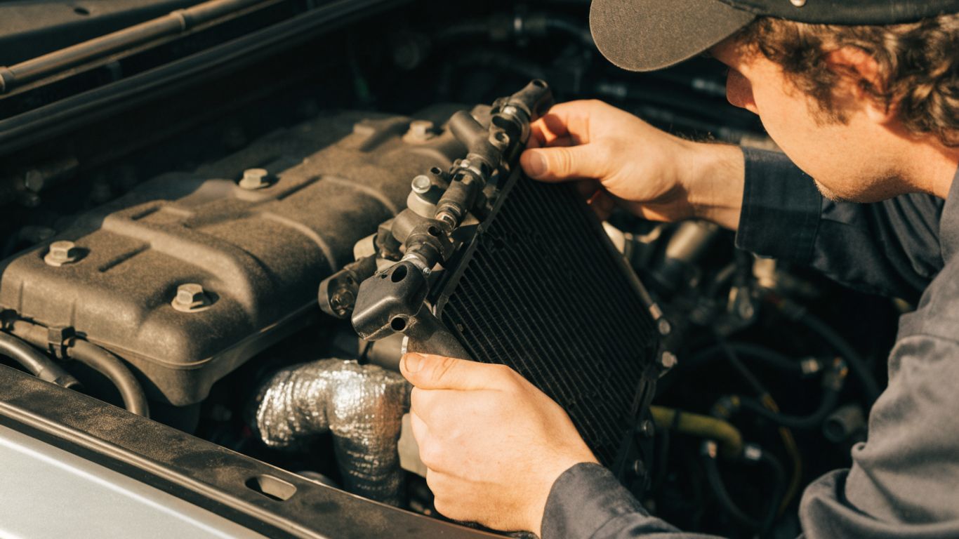 Audi radiator fitment details beside an open engine bay