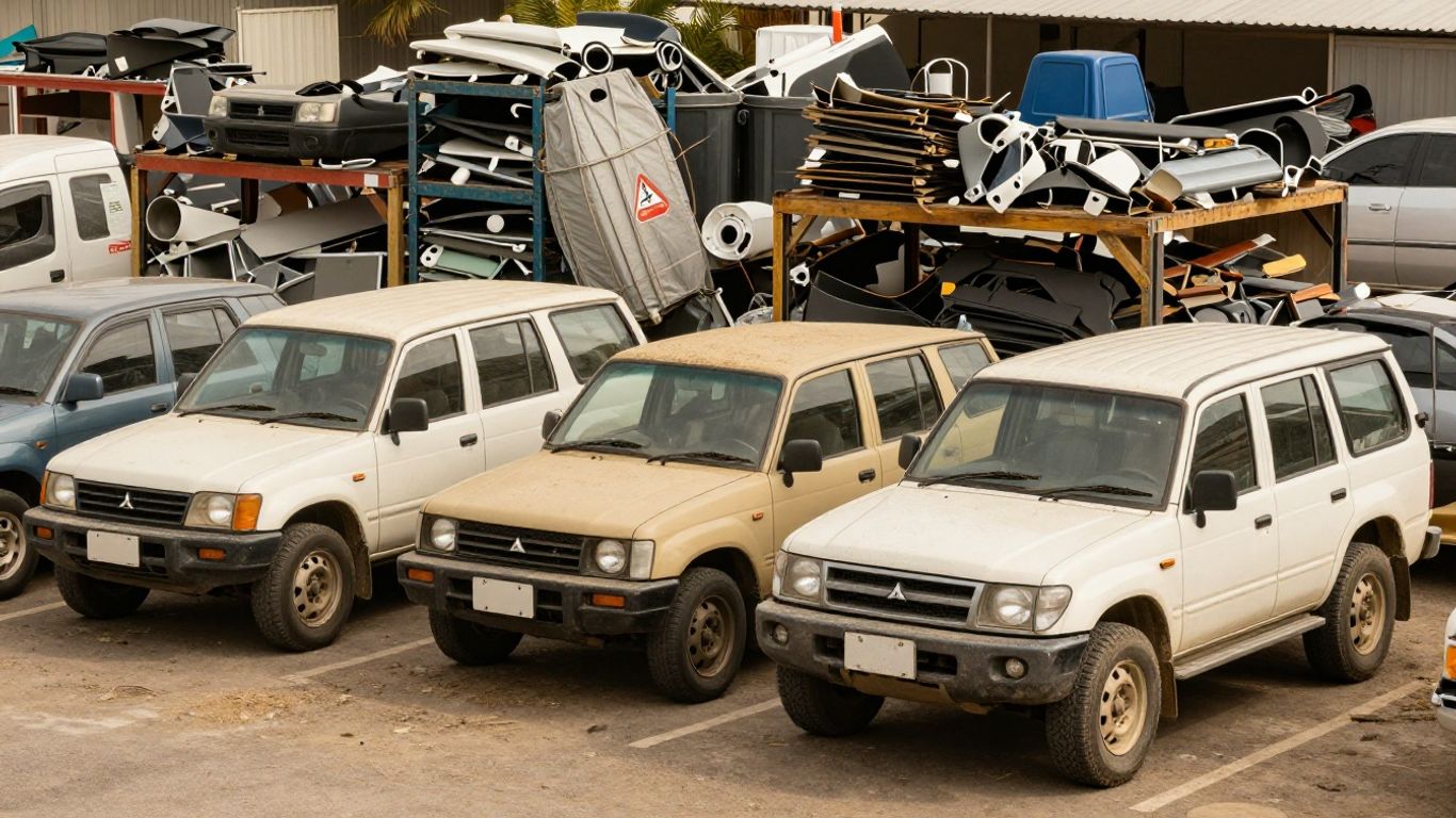 Mitsubishi vehicles awaiting careful dismantling