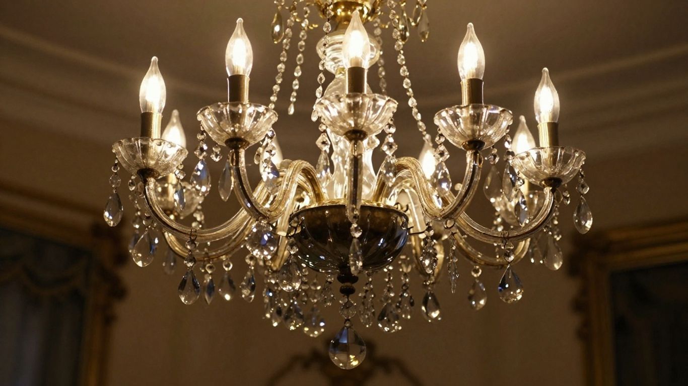 Miniature crystal chandelier sparkling in an elegant room.