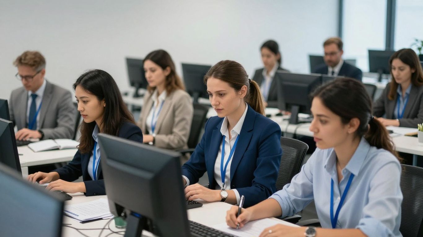Menschen in einem modernen Büro, die flexibel arbeiten.