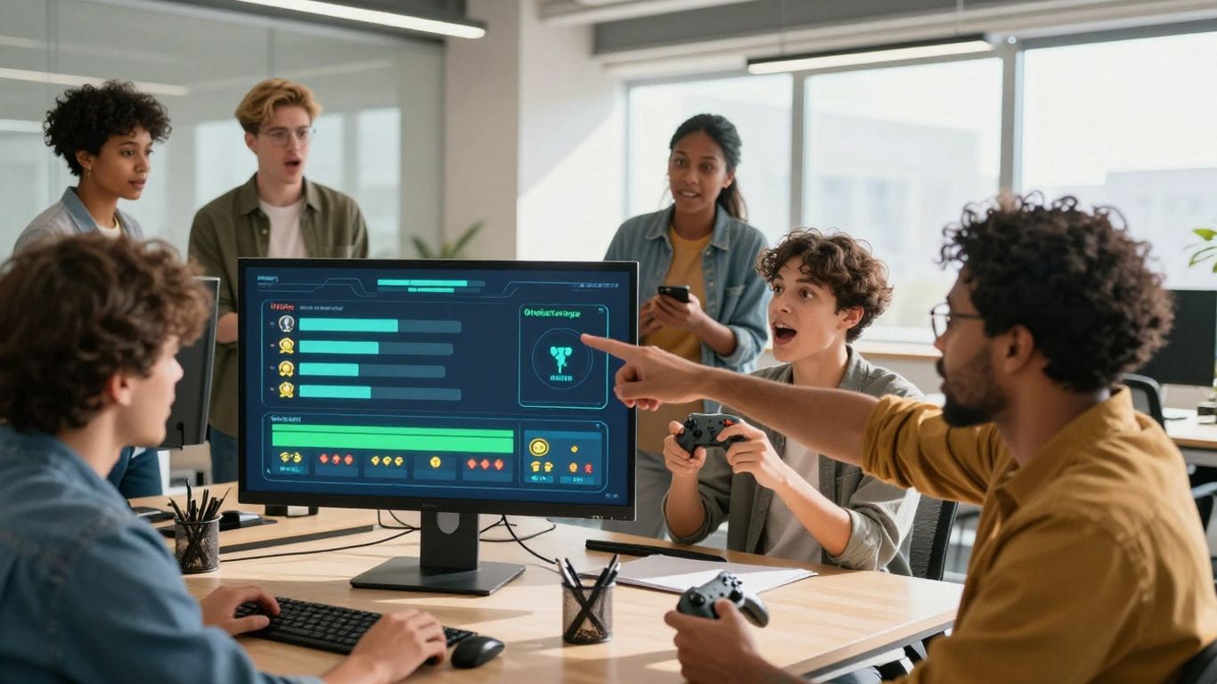 Equipo trabajando con elementos de gamificación en oficina moderna.
