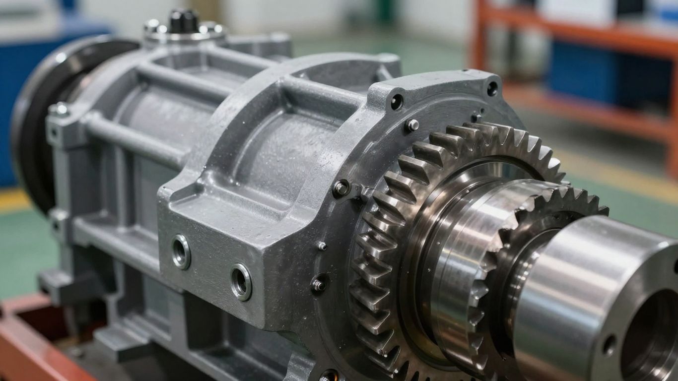 Heavy-duty industrial gearbox with visible metal gears.