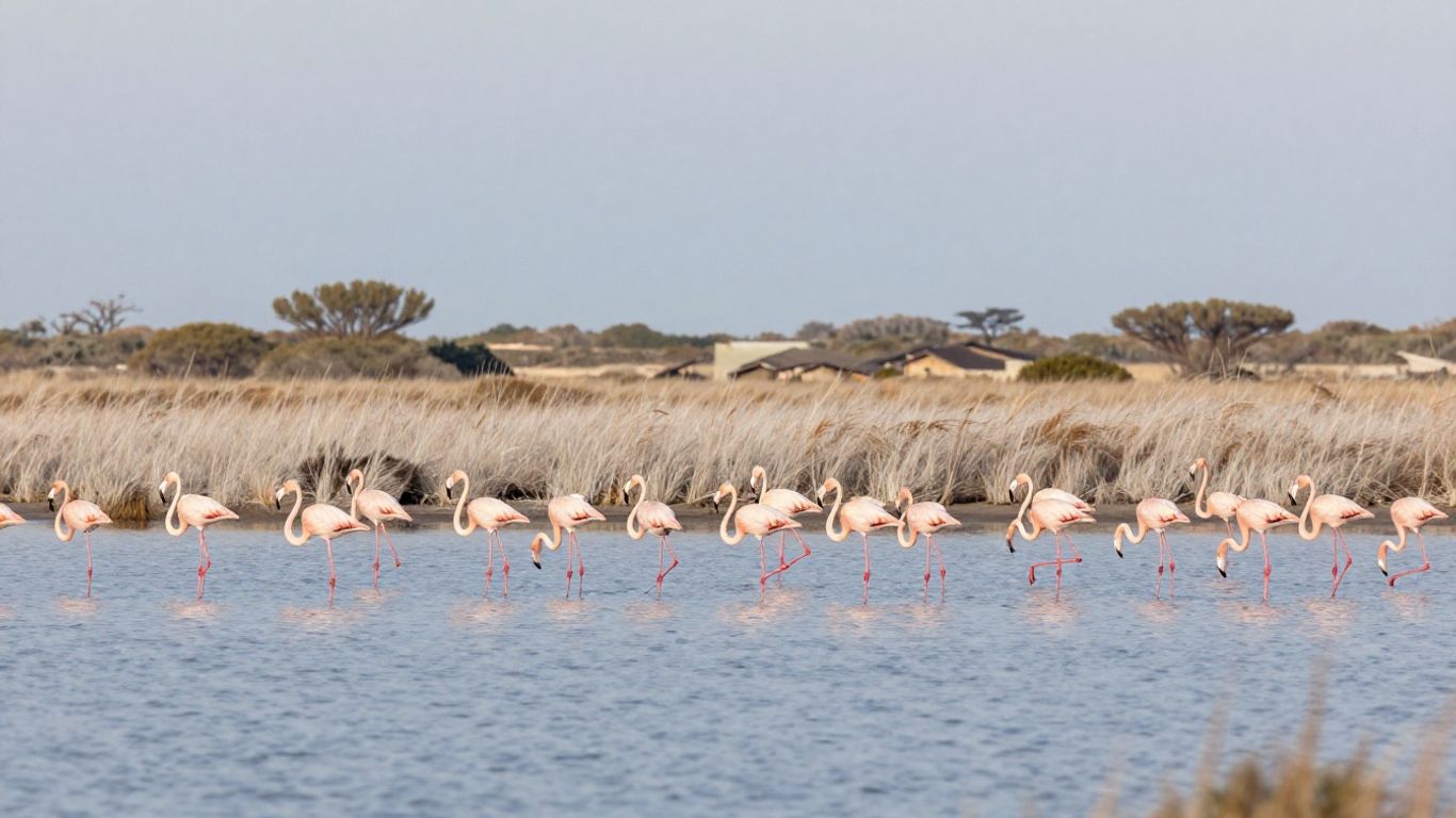 Greater flamingos wading through Camargue wetlands