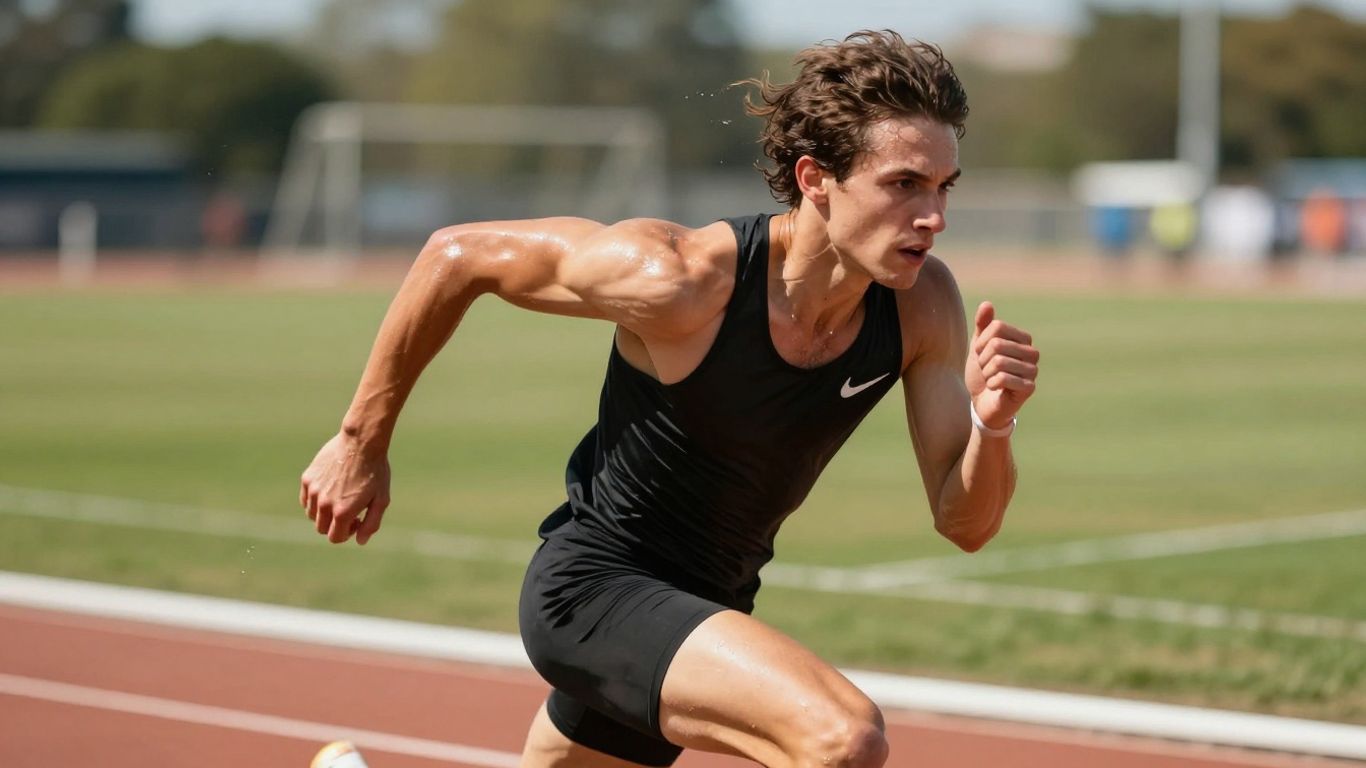 Runner sprinting on a track, focused on speed.