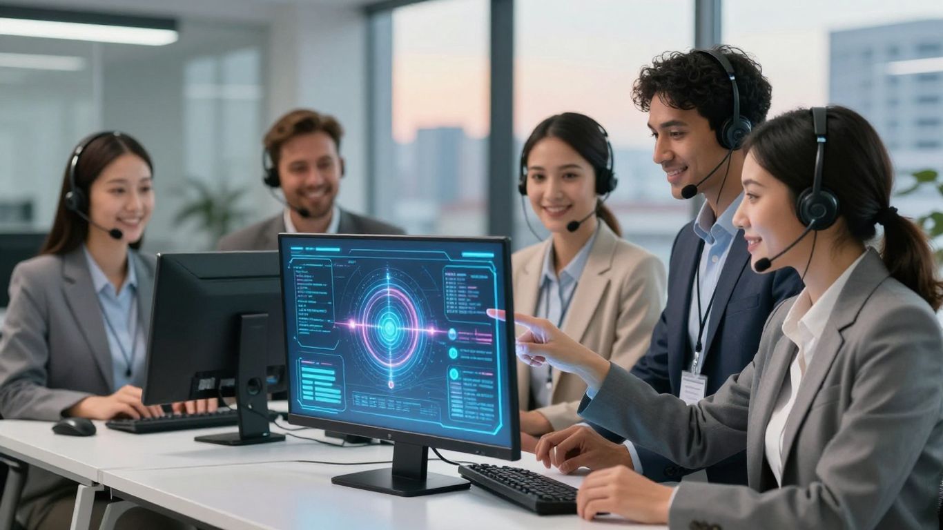 Customer service team working with futuristic interface.