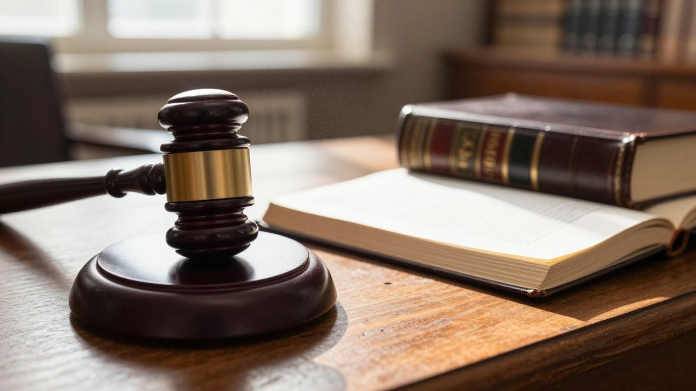 Gavel on desk with courthouse background.