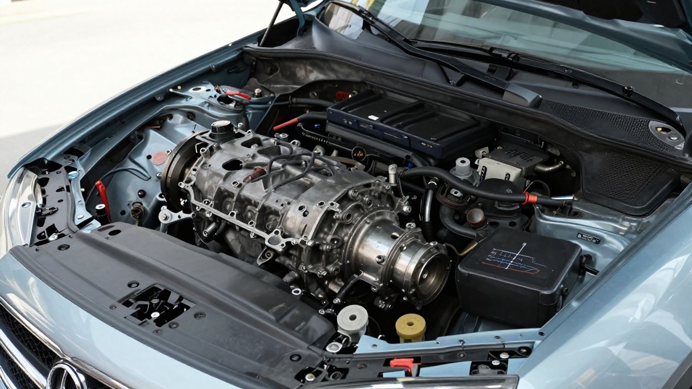 Technician inspecting engine and transmission components