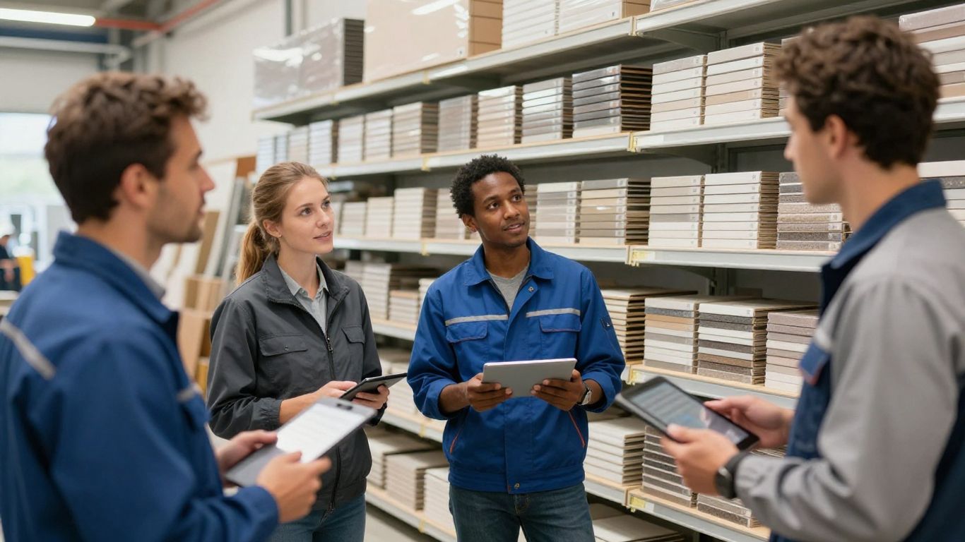 Trade customers reviewing materials in a warehouse