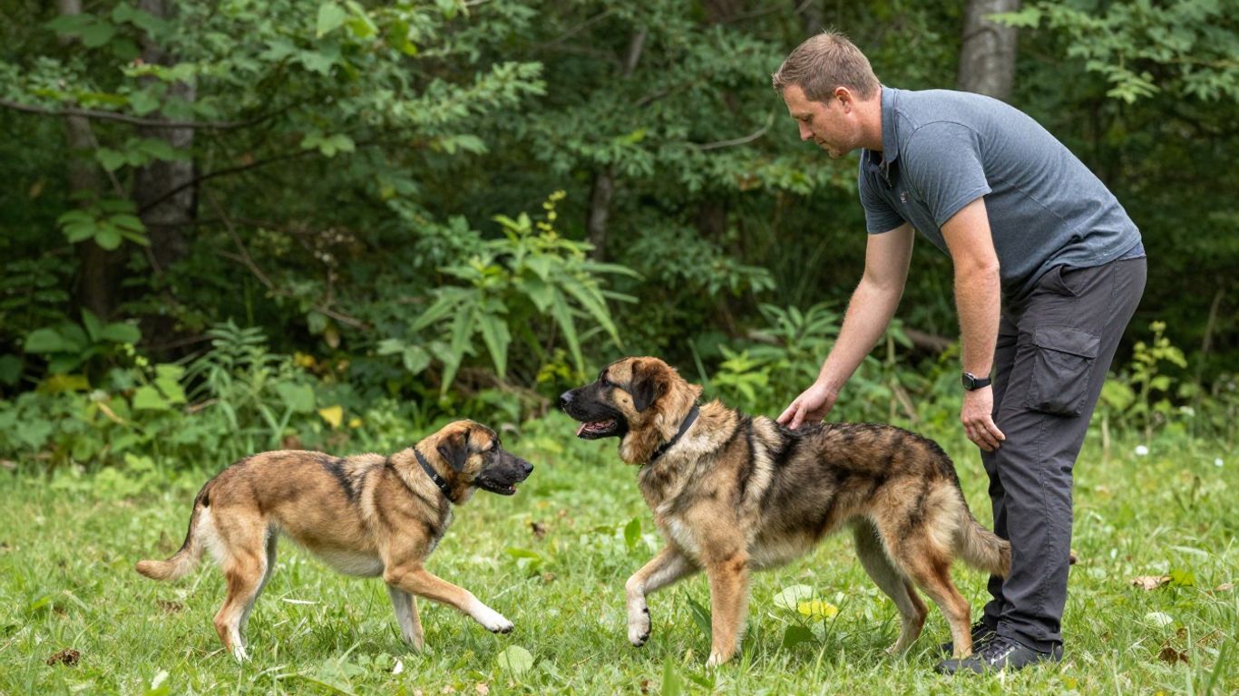 Dog handler training a dog outdoors with positive reinforcement.