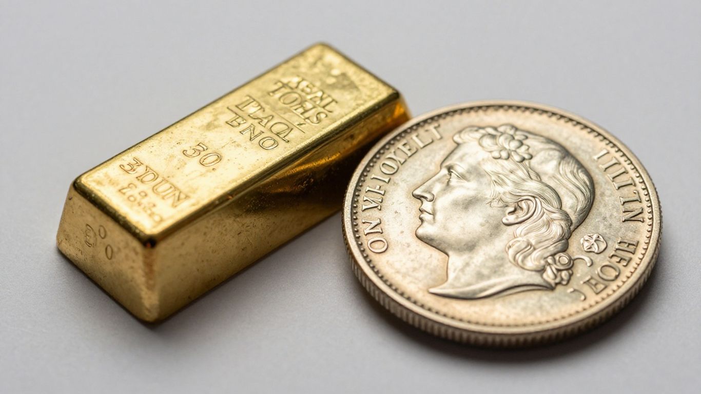 Gold bullion bar and vintage silver coin side-by-side.