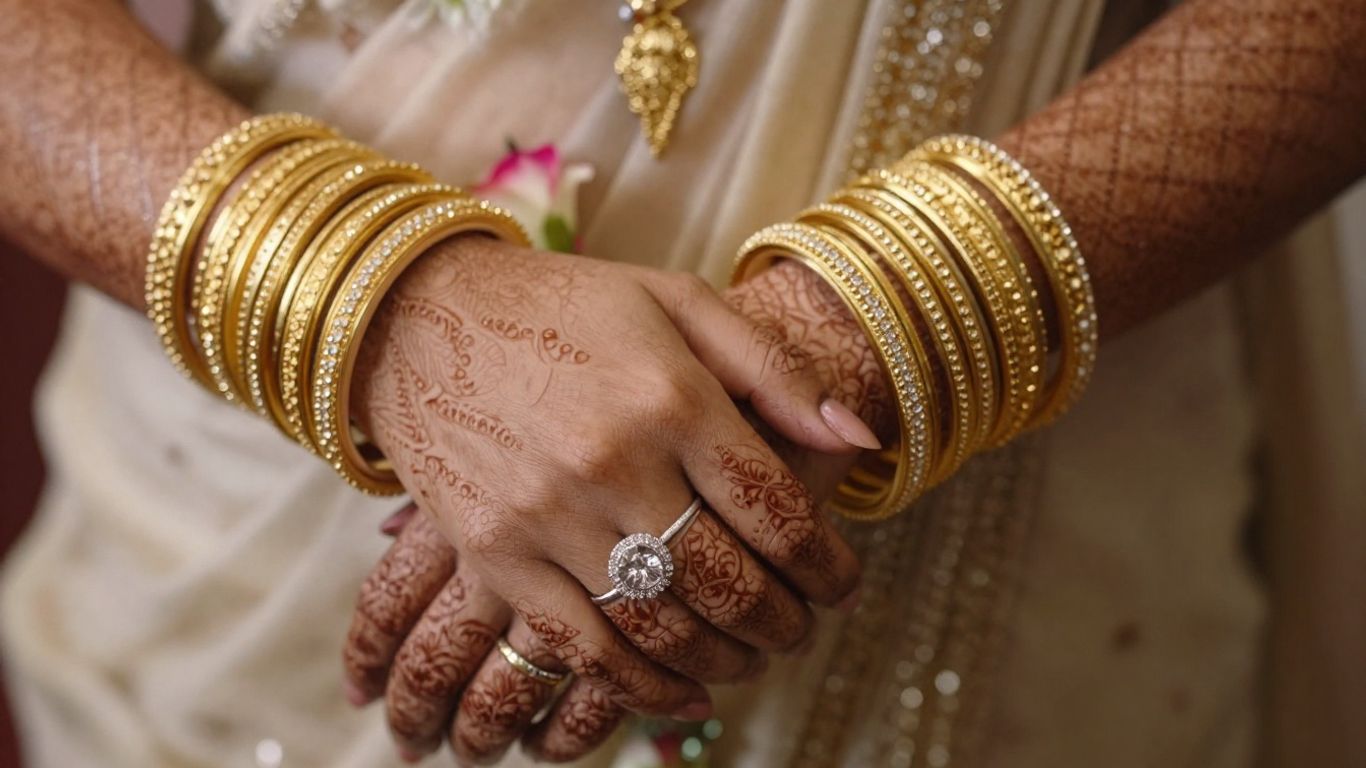 Bride's hands with wedding bangles and diamond ring
