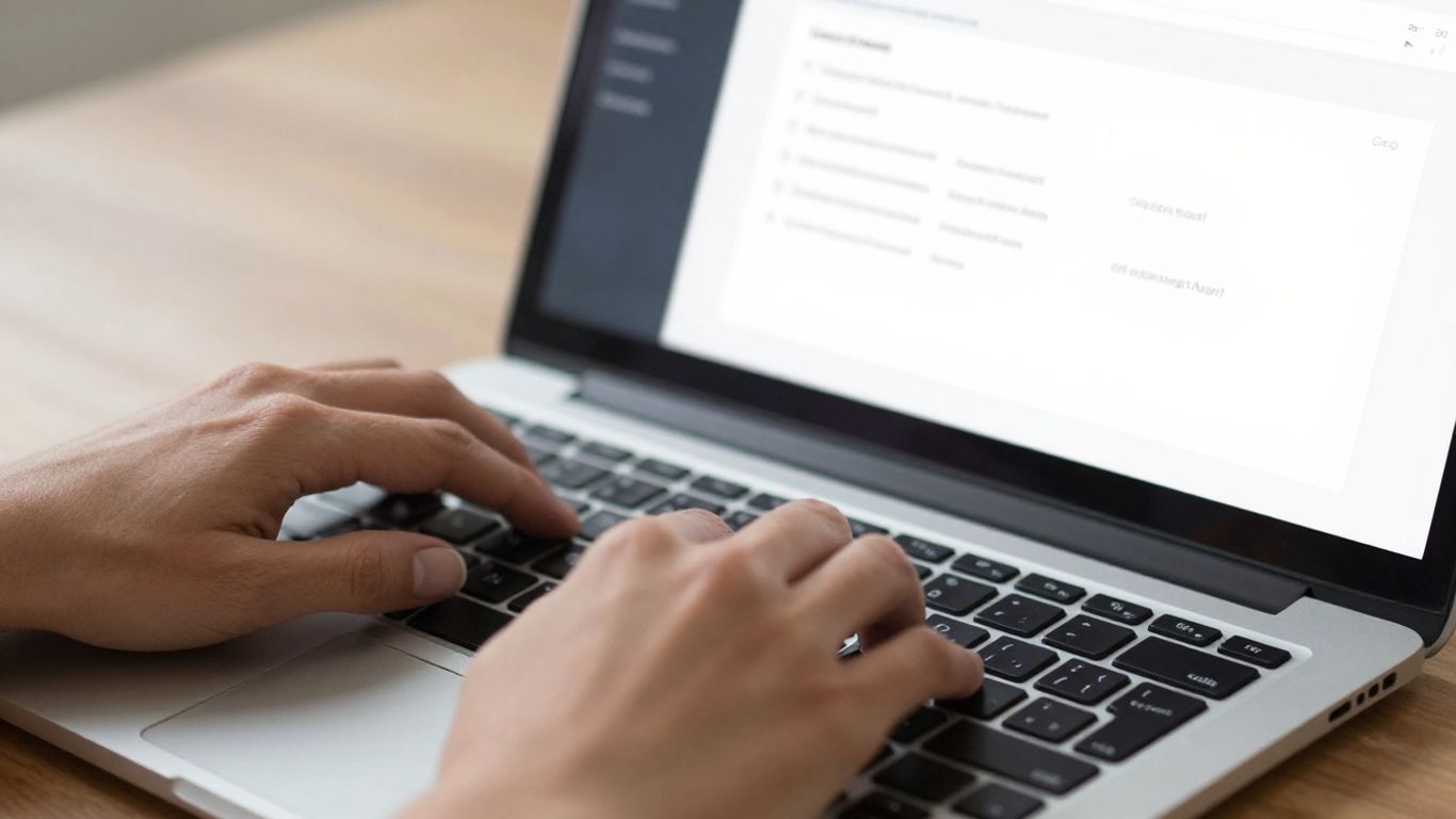Hands typing on a laptop with contact information on screen.