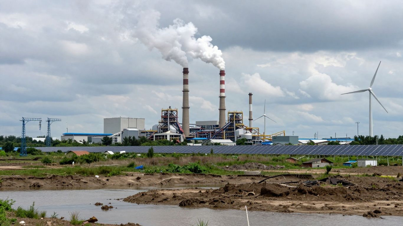 Usine polluante avec éoliennes et panneaux solaires en vue.
