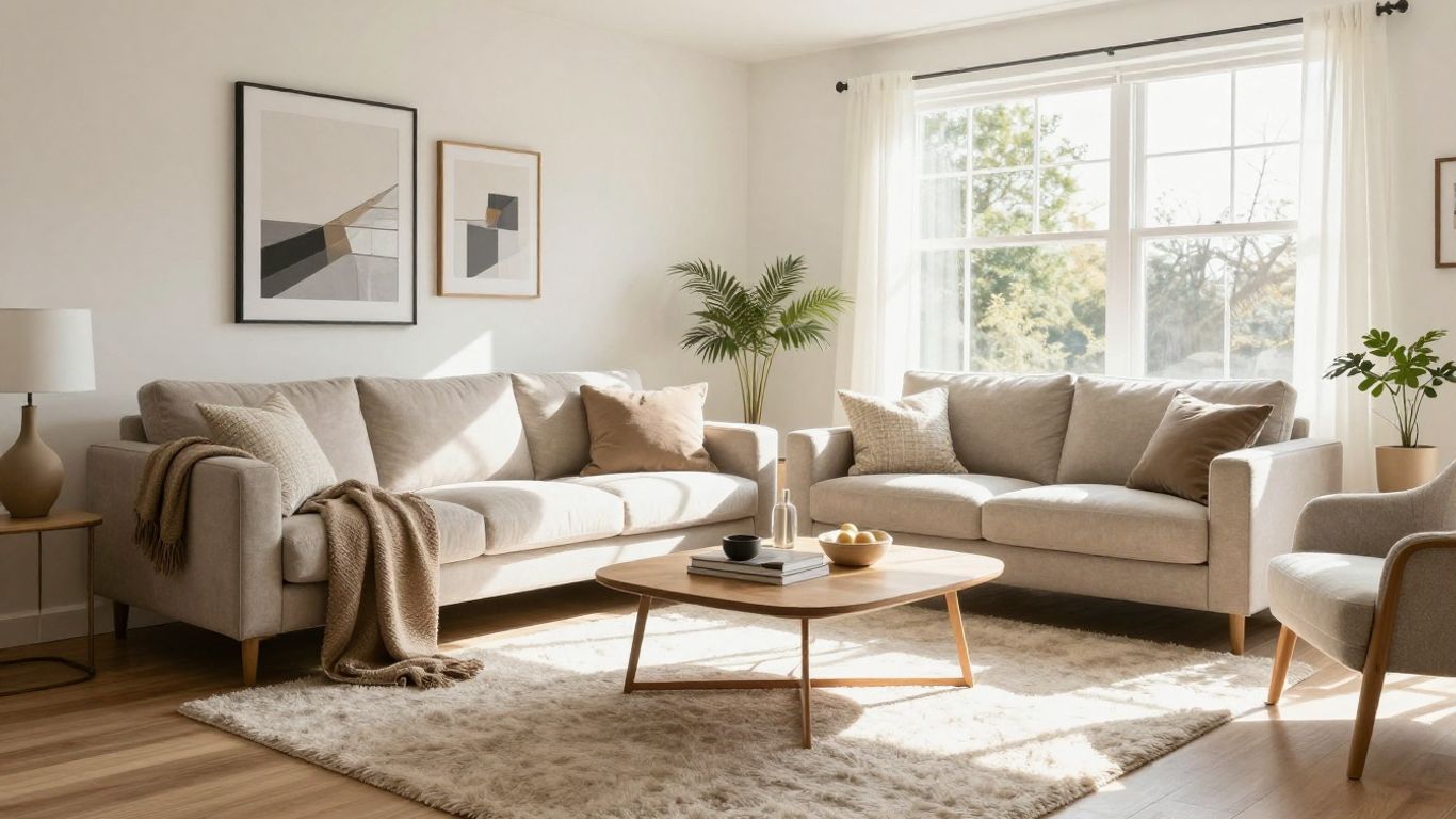 Modern living room furnished for an Airbnb.